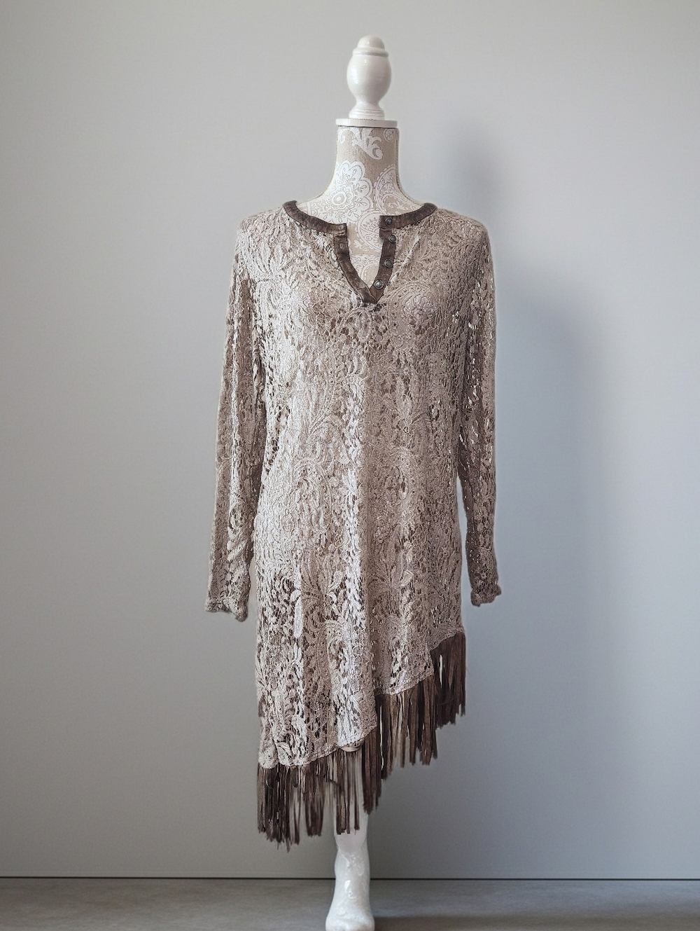 Aziza Sheer Lace Dress/Cover-up Boho Beach Coastal With Fringe Size L